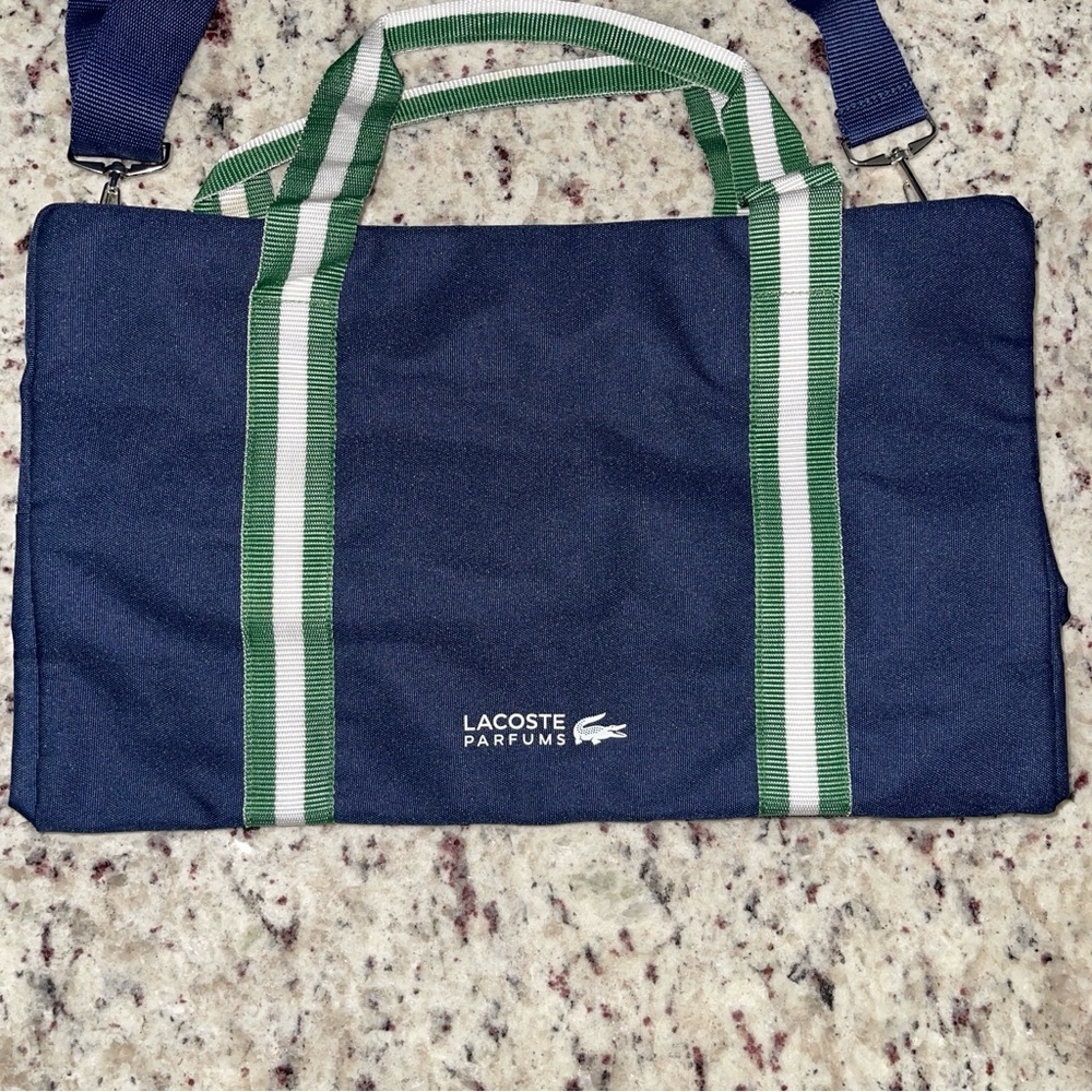Lacoste Parfums Weekender Duffel Bag Navy Blue White and Green Stripe Handles